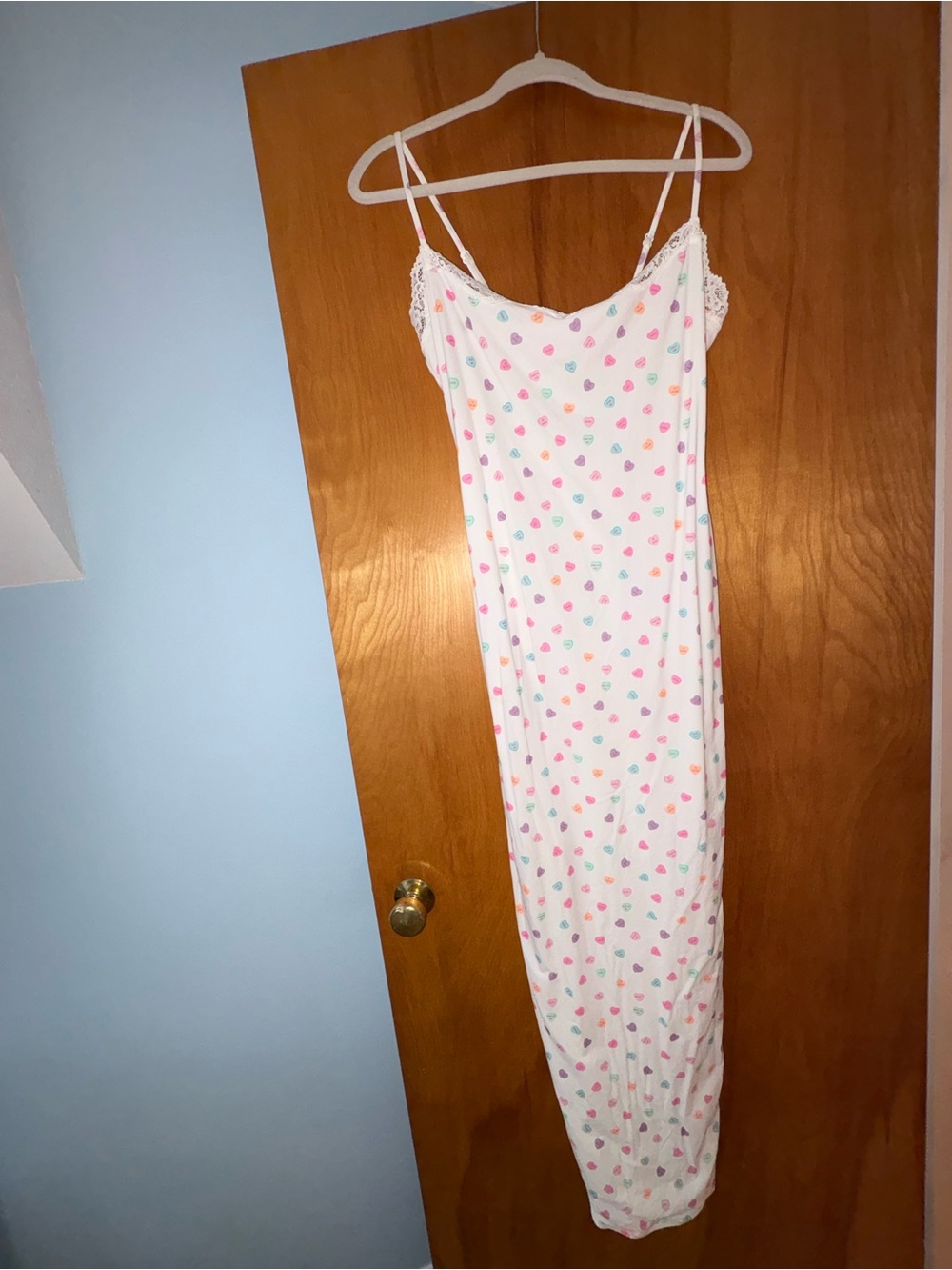 SKIMS Valentines heart candies with messages White stretch nightgown SZ L
